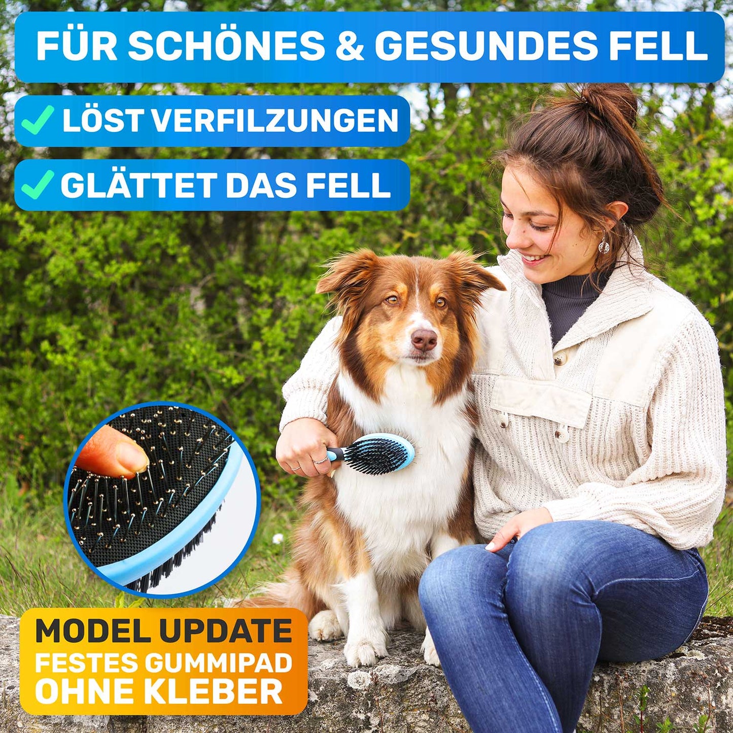 Doppelbürste "Doppeldecker" Doppelseitige 2-in-1 Fellbürste als Hundebürste und Katzenbürste für Hunde und Katzen mit Borsten und Pins entfernt sie Schmutz und Verknotungen aus dem Fell für Australian Shepherd