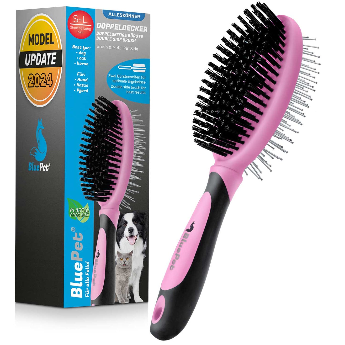 Doppelseitige Fellbürste als Hundebürste und Katzenbürste für Hunde und Katzen mit Borsten und Pins entfernt sie Schmutz und Verknotungen aus dem Fell rosa Produktbild