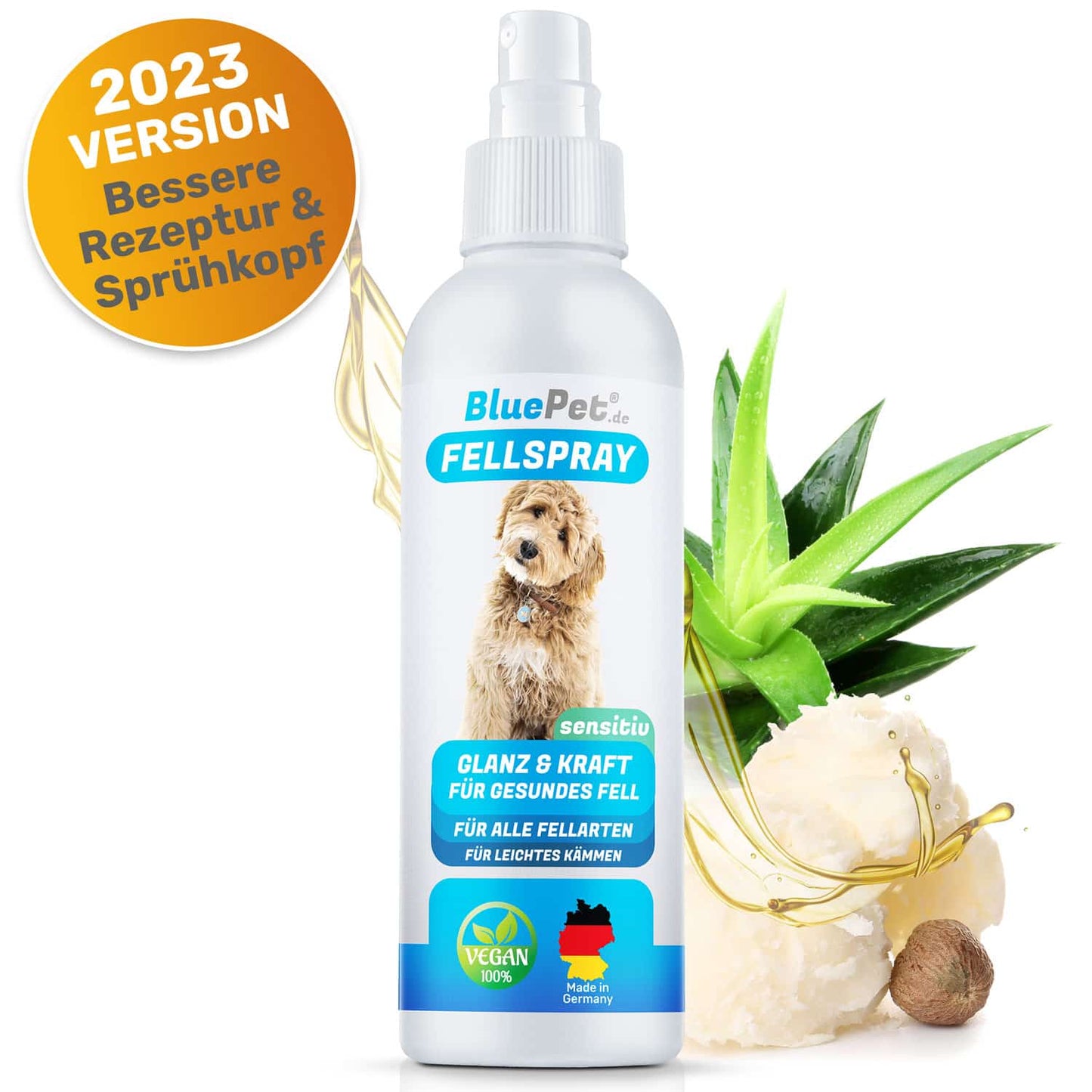 Entfilzungsspray für Hunde und Katzen von BluePet Fellspray das das Fell entfilzt, pflegt und glättet für bessere Kämmbarkeit Hergestellt in Deutschland