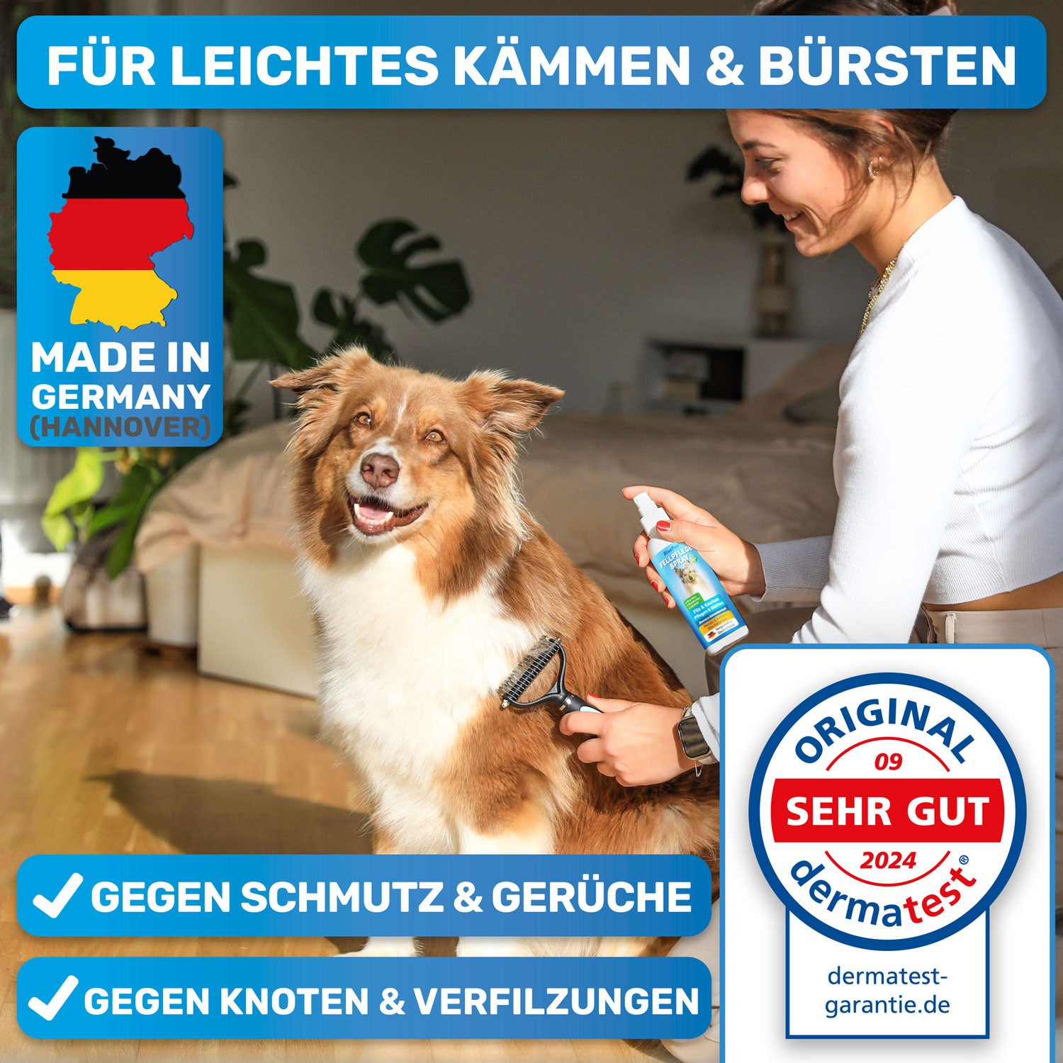 Entfilzendes Fellspray von BluePet das pflegt und glättet das Fell für bessere Kämmbarkeit und einen gesunden Hund und Katze Hergestellt in Deutschland. Australian Shepherd mit junger Frau bei der Fellpflege
