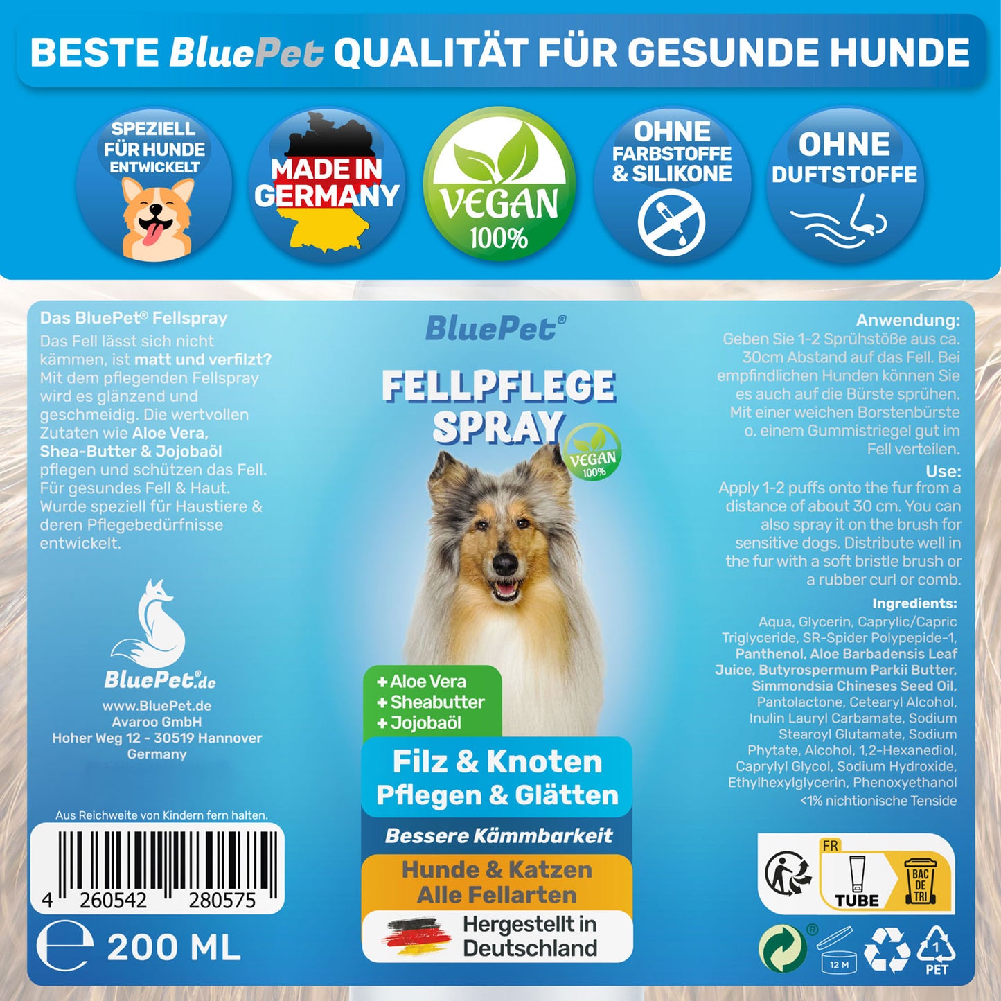 Fellspray zum Entfilzen von BluePet Sensitives Entfilzungsspray mit natürlichen Inhaltsstoffen