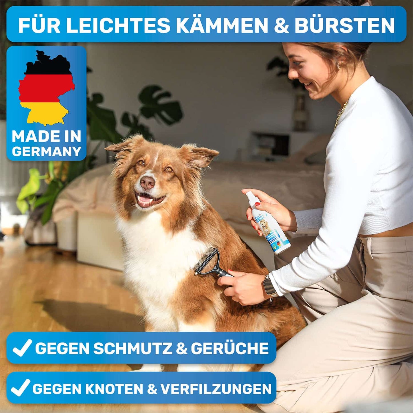 Entfilzendes Fellspray von BluePet das pflegt und glättet das Fell für bessere Kämmbarkeit und einen gesunden Hund und Katze Hergestellt in Deutschland. Australian Shepherd mit junger Frau bei der Fellpflege