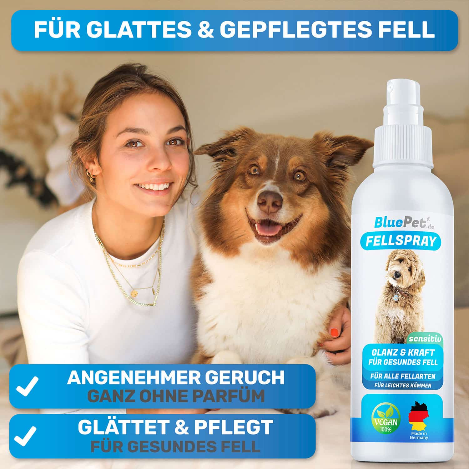 Fellspray von BluePet gegen Knoten und Filz. Sensitives Entfilzungsspray das pflegt und glättet das Fell für bessere Kämmbarkeit und einen gesunden Hund und Katze Hergestellt in Deutschland mit angenehmem Geruch für sensible Tiere