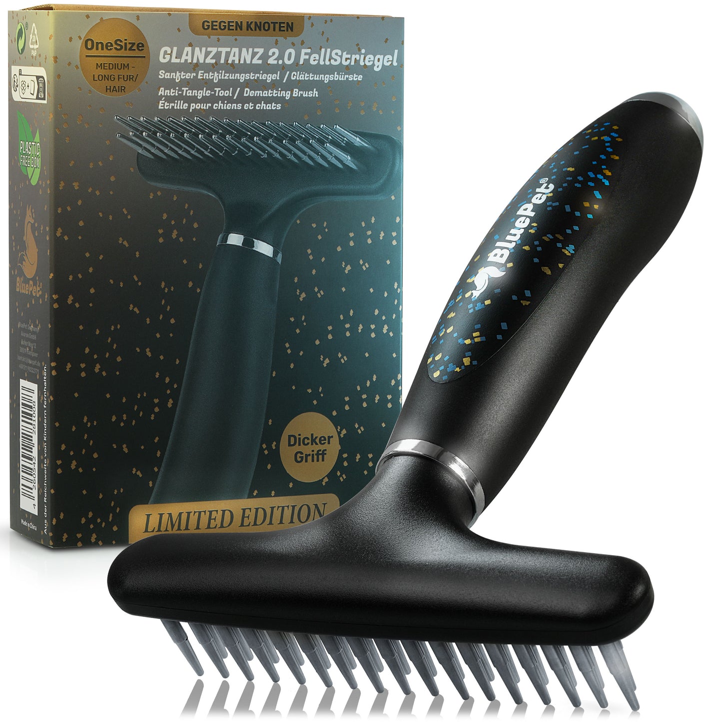 BluePet Entwirrungskamm Entfilzungskamm Knotenkamm GlanzTanz Limited Edition in schwarz - Hundebürste und Katzenbürste bei langem Fell gegen Knoten