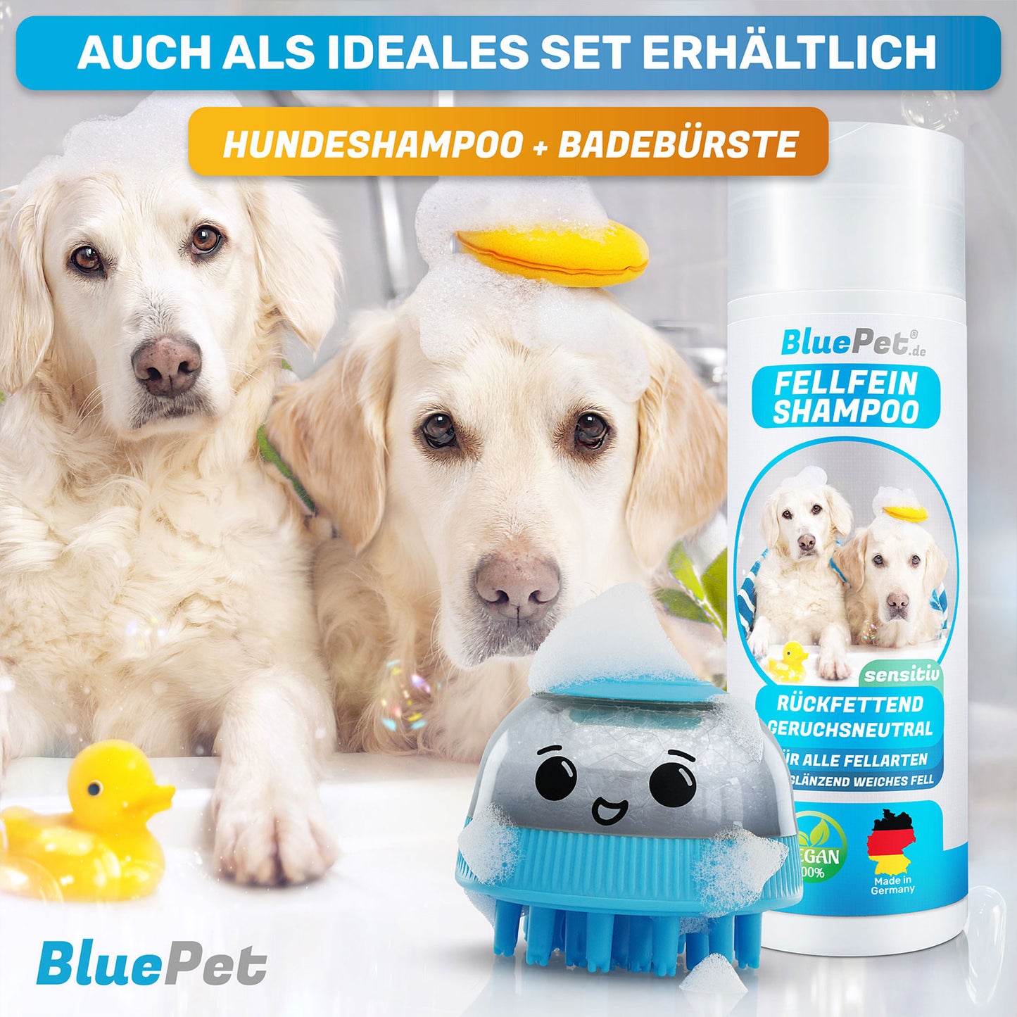 Set: Badebürste für Hunde + BluePet Hundeshampoo