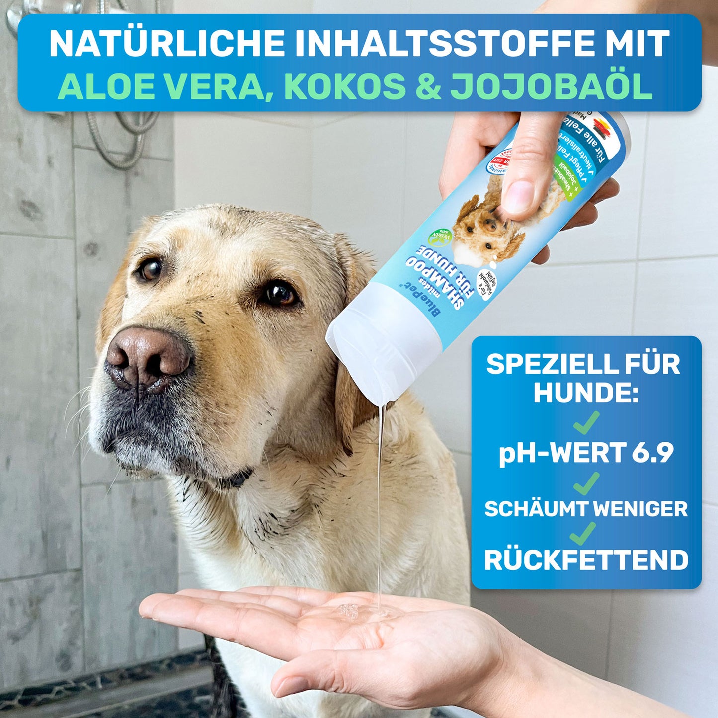 Hundeshampoo für empfindliche Haut, rückfettend mit natürlichen Zutaten