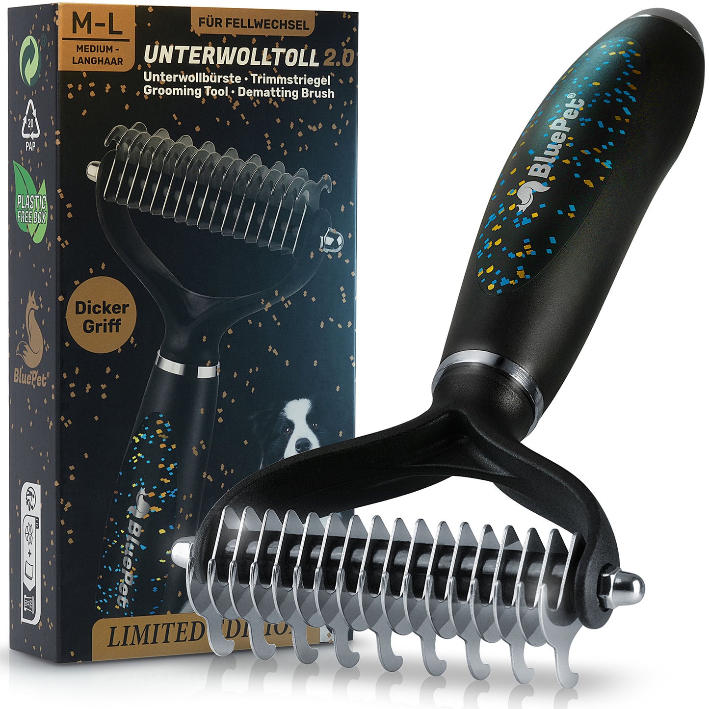 BluePet Unterwollbuerste ML Limited Edition Schwarz Version 2.0 mit dickerem Griff. Hundebürste & Katzenbürste zur Entfernung von Unterwolle und Verfilzungen. Unterfell entfernen der Vergleichssieger
