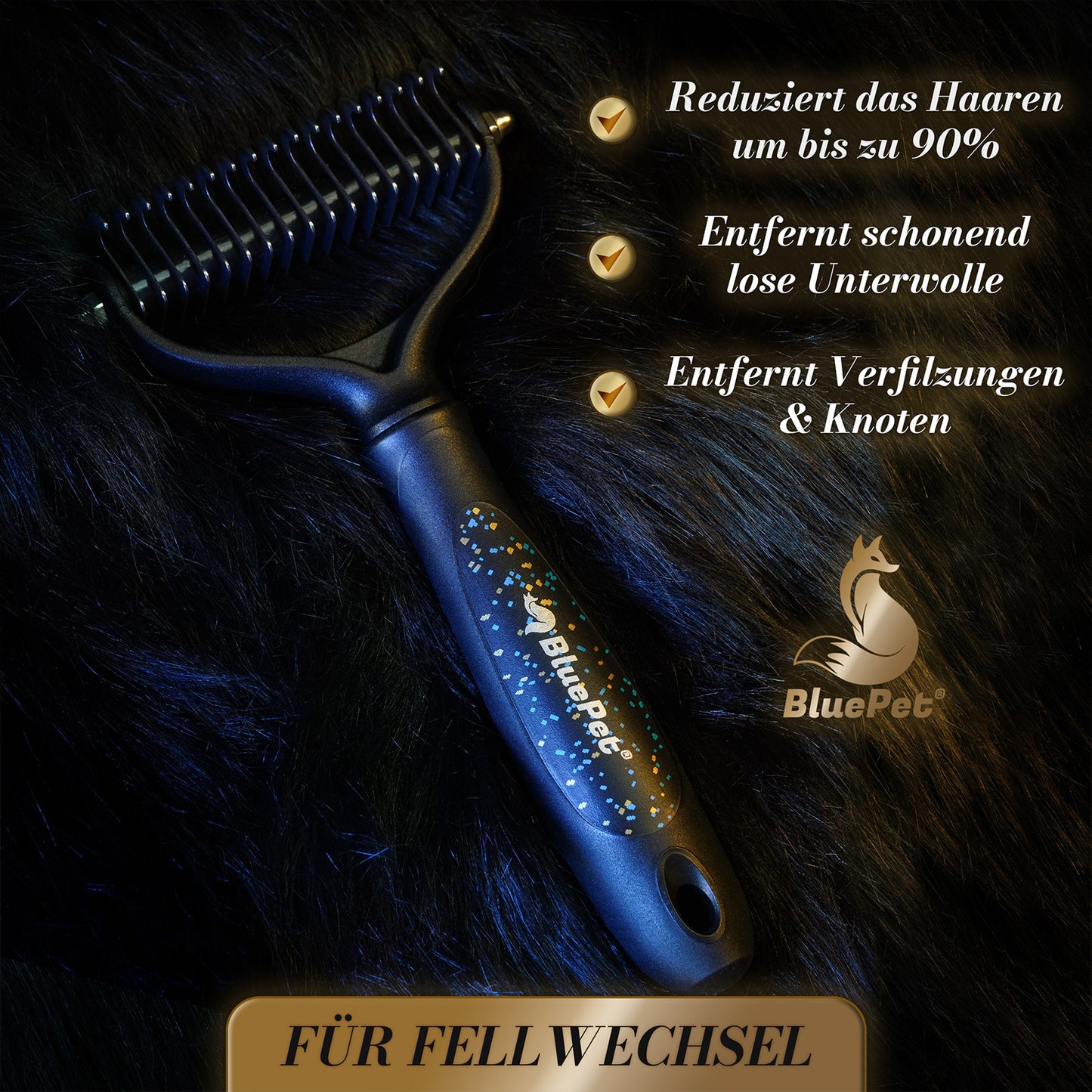 BluePet Unterwollbuerste ML Limited Edition Schwarz zur Entfernung von Unterwolle und Verfilzungen Vorteile: reduziert das Haaren, entfernt schonend lose Unterwolle, entfernt Verfilzungen und Knoten
