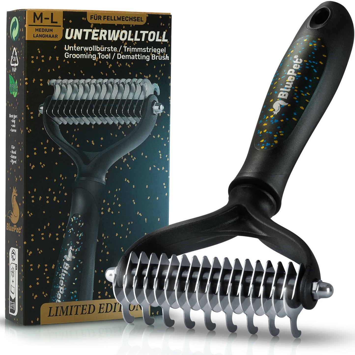 BluePet Unterwollbuerste ML Limited Edition Schwarz zur Entfernung von Unterwolle und Verfilzungen. Hundebürste & Katzenbürste Unterfell entfernen der Vergleichssieger