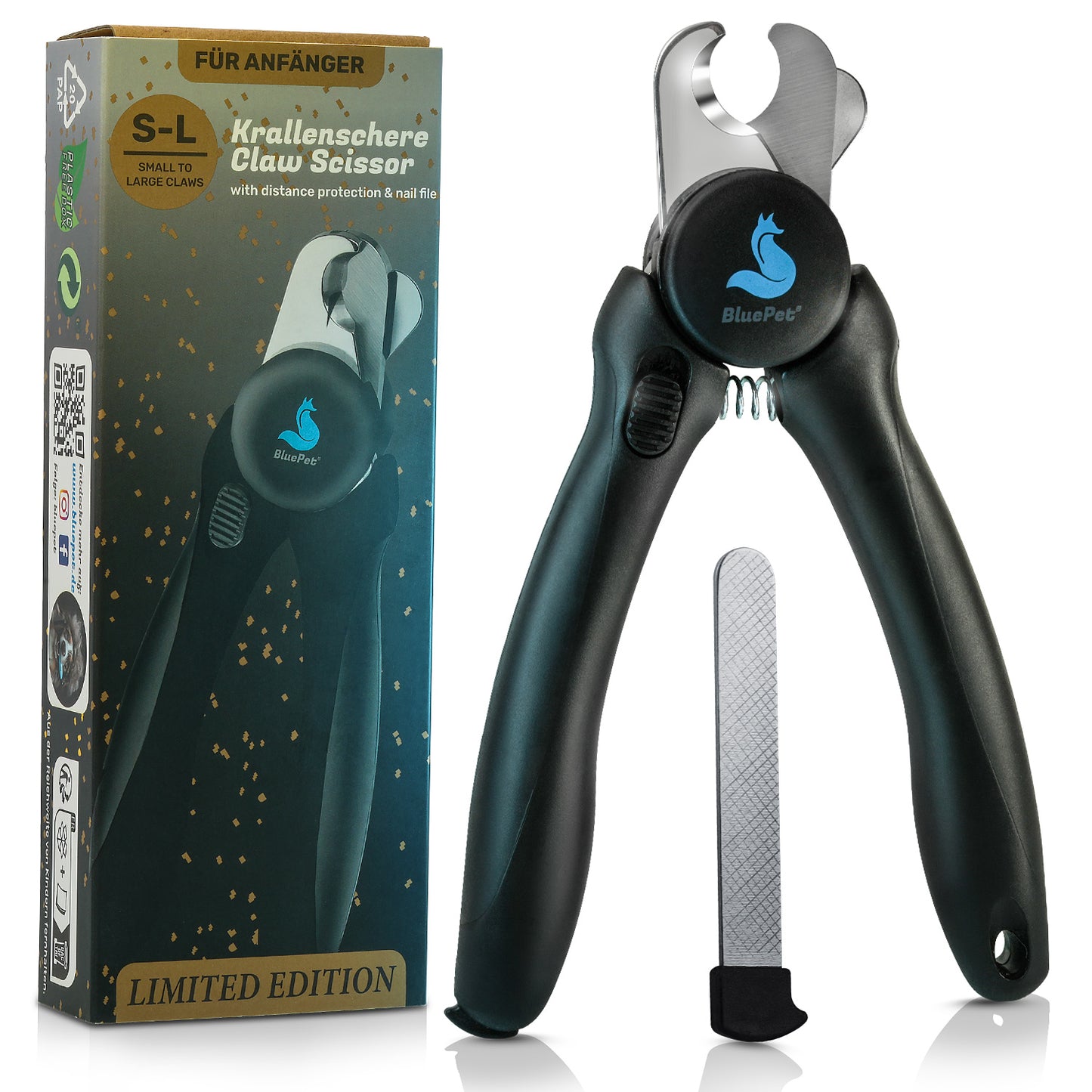 BluePet Krallenschere mit Abstandsschutz für sicheres Krallenschneiden Limited Edition in schwarz scharfe Krallenschere mit Schutz Produktbild