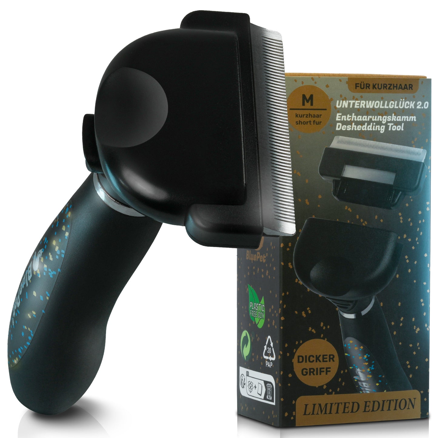 BluePet Unterwollbürste für Kurzhaar Unterwollglück Limited Edition in schwarz Deshedder für Hunde und Katzen im Fellwechsel