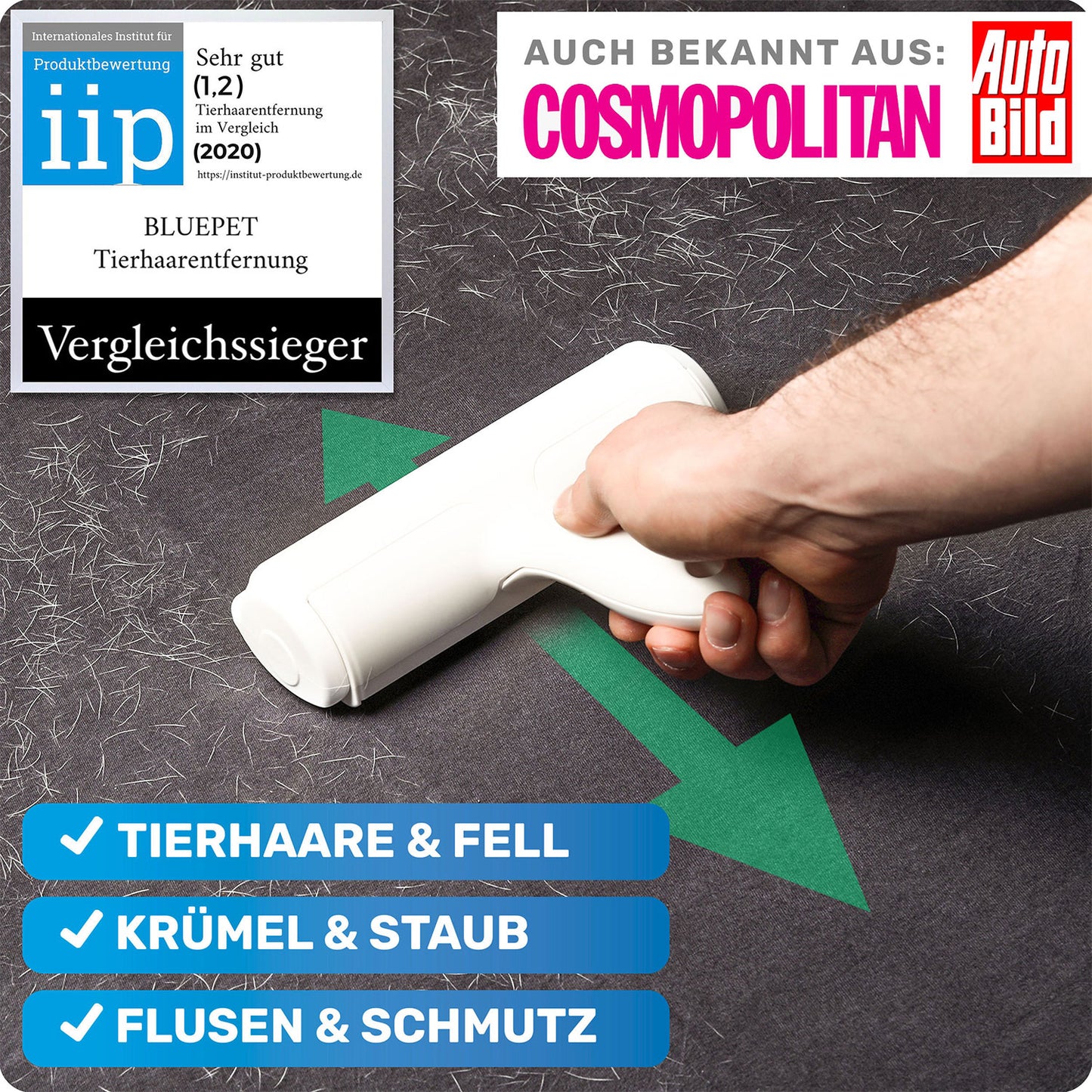 Tierhaarentferner von BluePet mit Testsiegel. Gegen Tierhaare, Fell, Krümel und Staub.