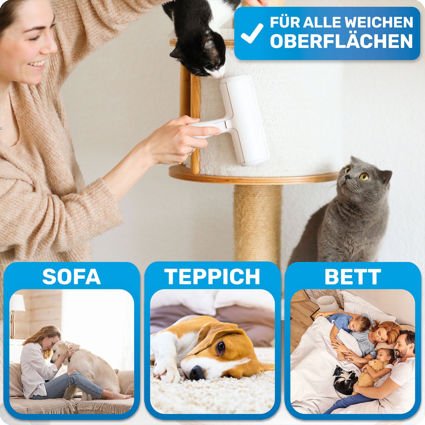 Tierhaare von Sofa, Teppich und Bett entfernen mit dem BluePet Tierhaarentferner