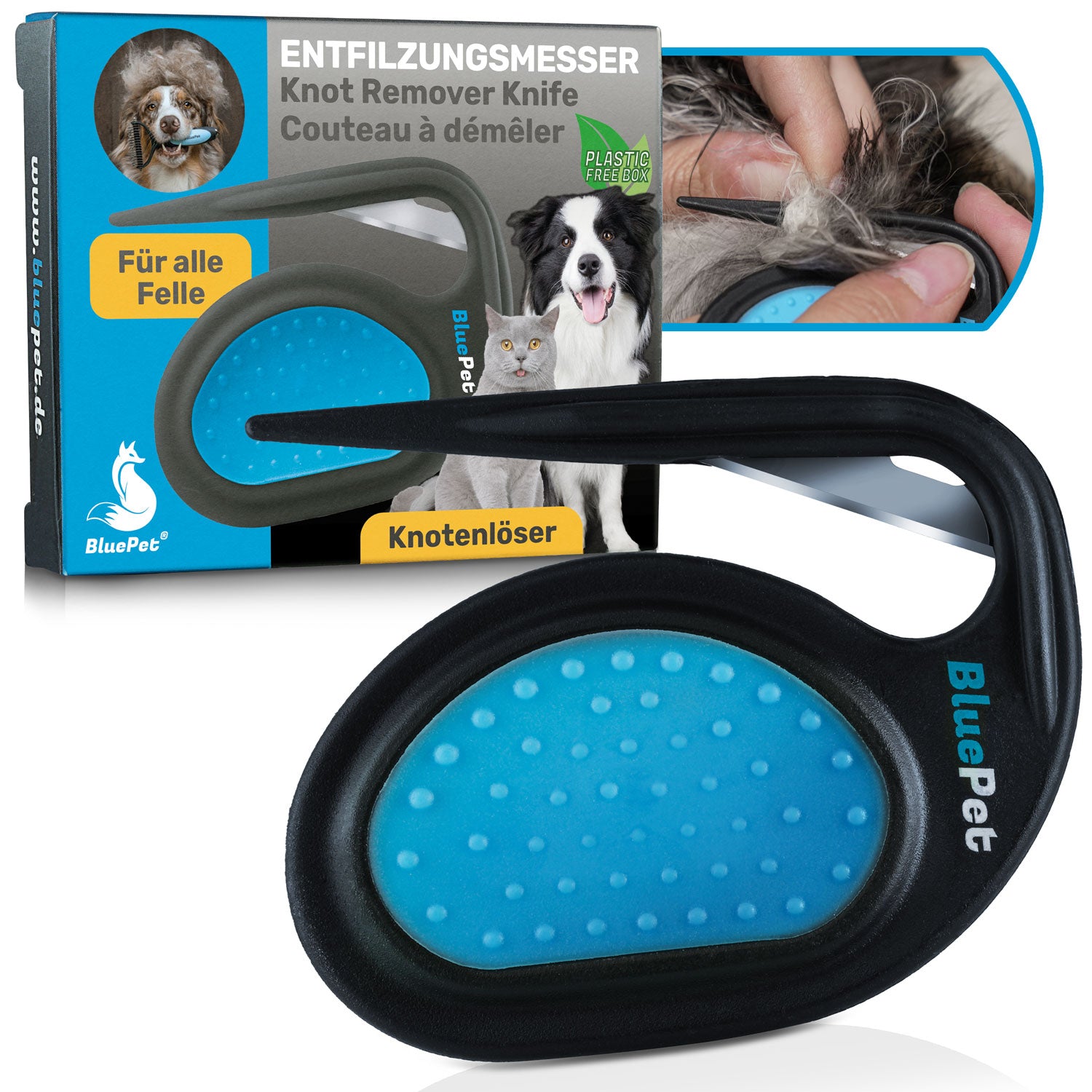 Sanftes Entfilzungsmesser für Hunde und Katzen ohne Verletzungsgefahr. Klinge ist geschützt und liegt innen. Gegen Starke Knoten und Filz im Fell. Entfernt Knötchen aus dem Tierfell.