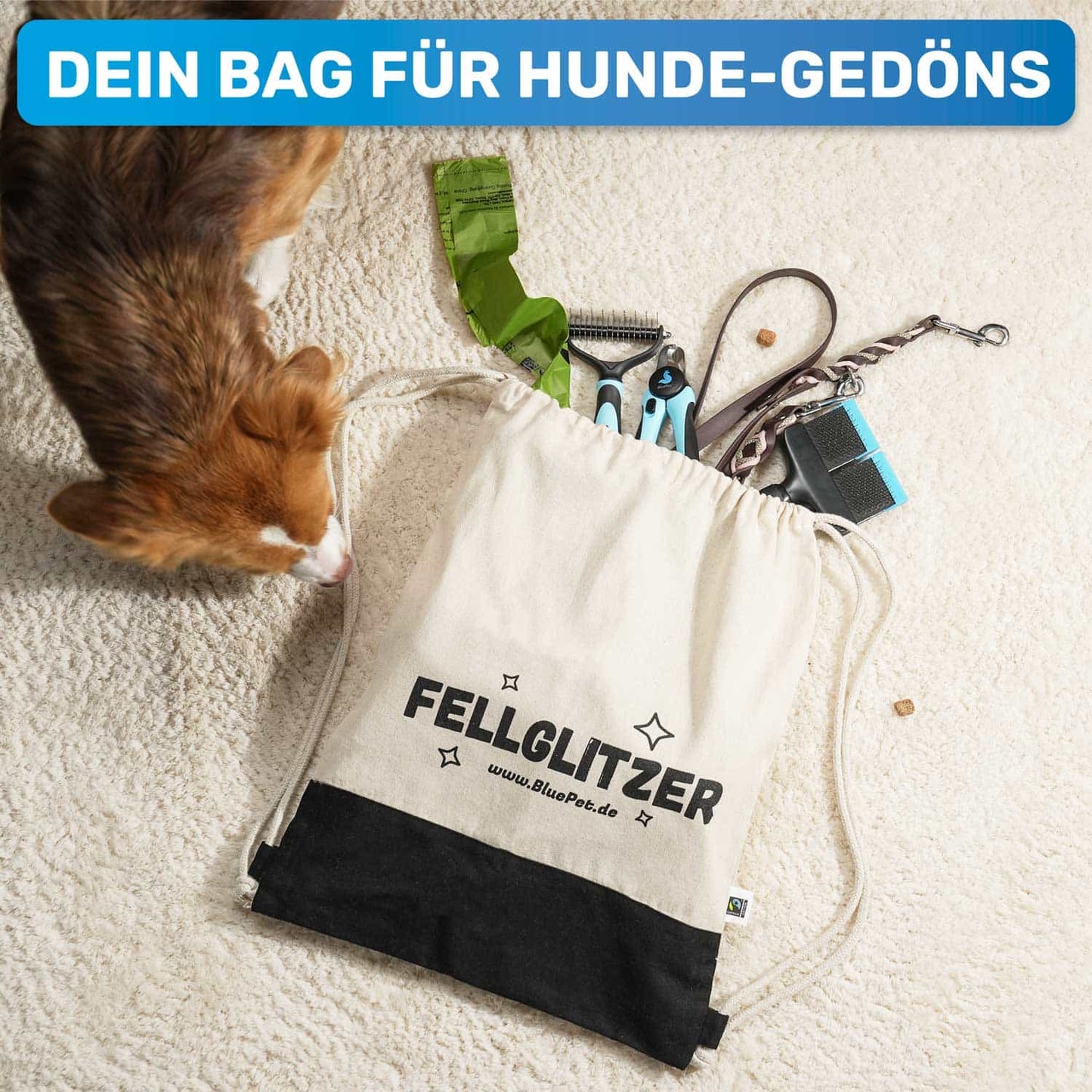 BluePet Fellglitzer Jutebeutel Turnbeutel Bag Tasche für Hudne Hundezubehöhr Trainingstasche Snackbeutel mit Hundebürste Hundeleine und Kotbeutel