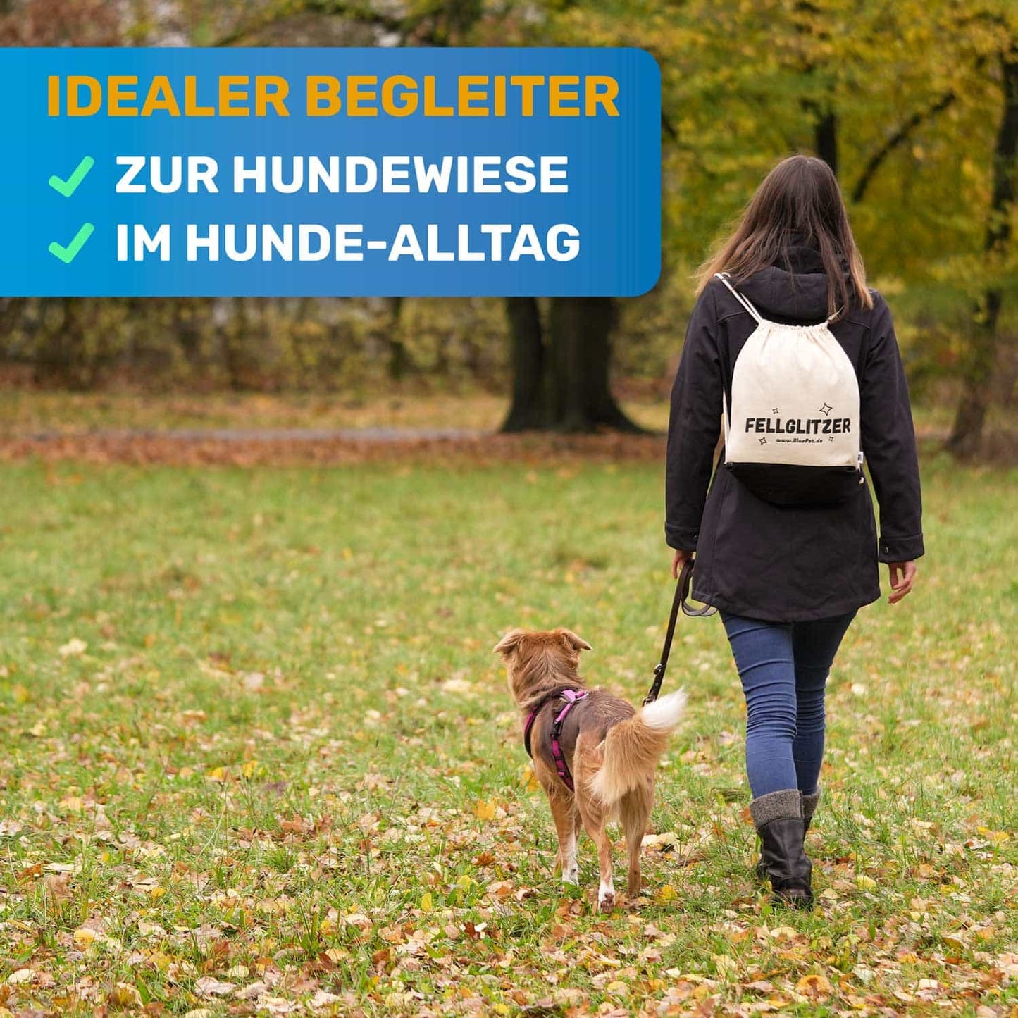 Australian Shepherd Gassi gehen auf Wiese BluePet Fellglitzer Jutebeutel Turnbeutel Bag Tasche für Hudne Hundezubehöhr Trainingstasche Snackbeutel