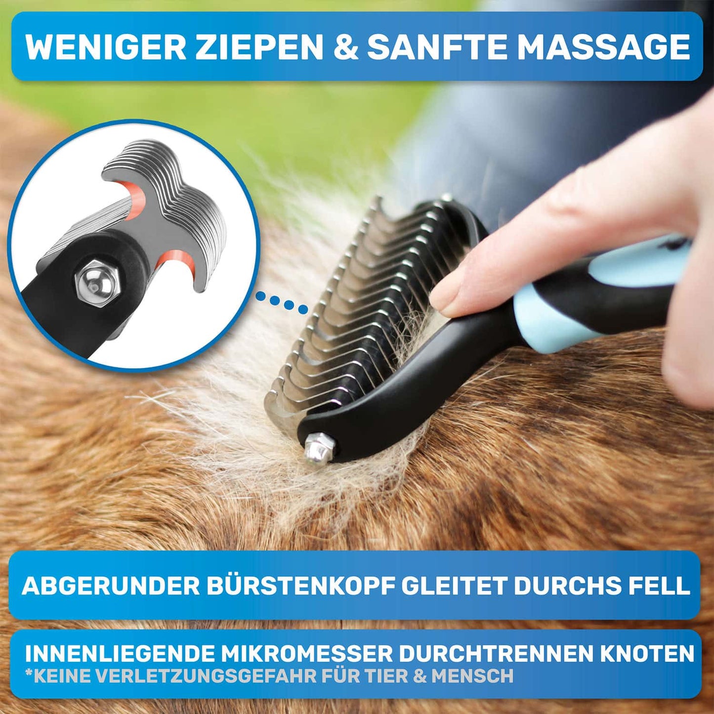 Gif Hund wird gebuerstet mit Unterwollbuerste UnterwollToll von BluePet im Fellwechsel und viele Haare sind in der Bürste aus Edelstahl