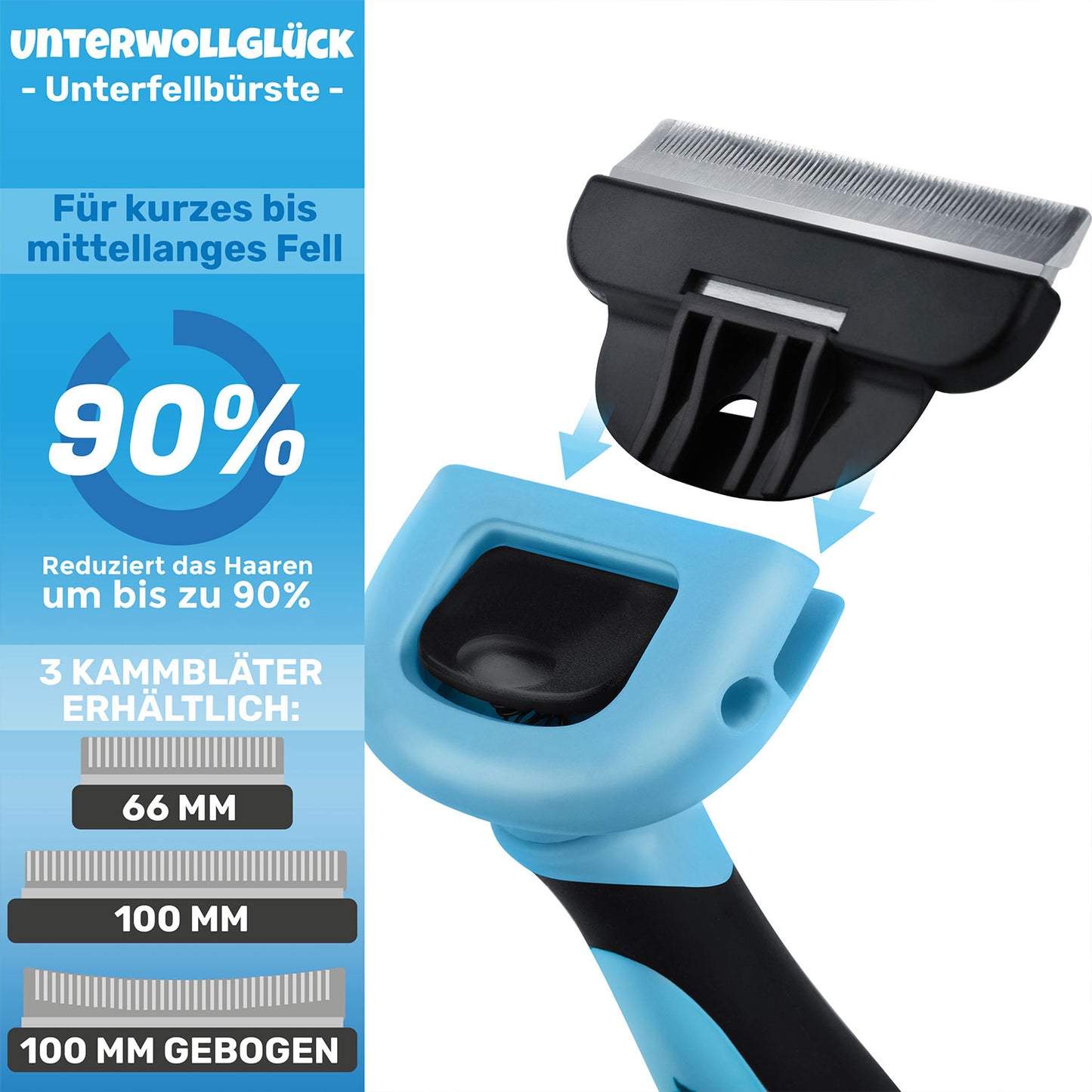 BluePet UnterwollGlück Unterwollbürste Deshedder für kurzes Fell ideal für Hunde und Katzen Produktdetails