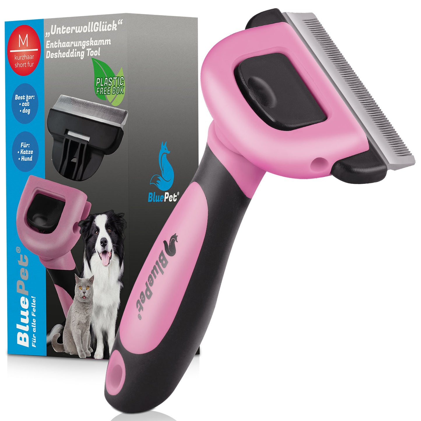 BluePet UnterwollGlück Unterwollbürste Deshedder für kurzes Fell ideal für Hunde und Katzen Produktfoto rosa