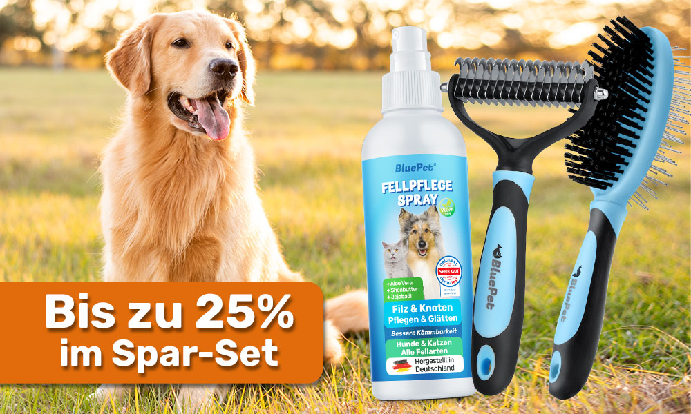 Spare bis zu 25% mit den Spar Sets von BluePet auf Hundebuersten Katzenbuersten Unterwollbuersten Kämme für Hunde und Katzen, Krallenscheren, Pfotenreinigger, Fellspray und Hundeshampoo