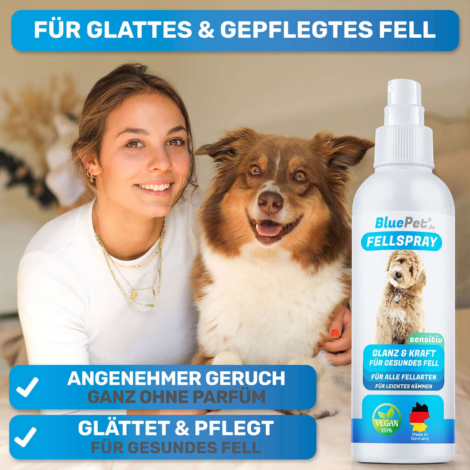 Fellspray von BluePet das pflegt und glättet das Fell für bessere Kämmbarkeit und einen gesunden Hund und Katze Hergestellt in Deutschland mit angenehmem Geruch für sensible Tiere
