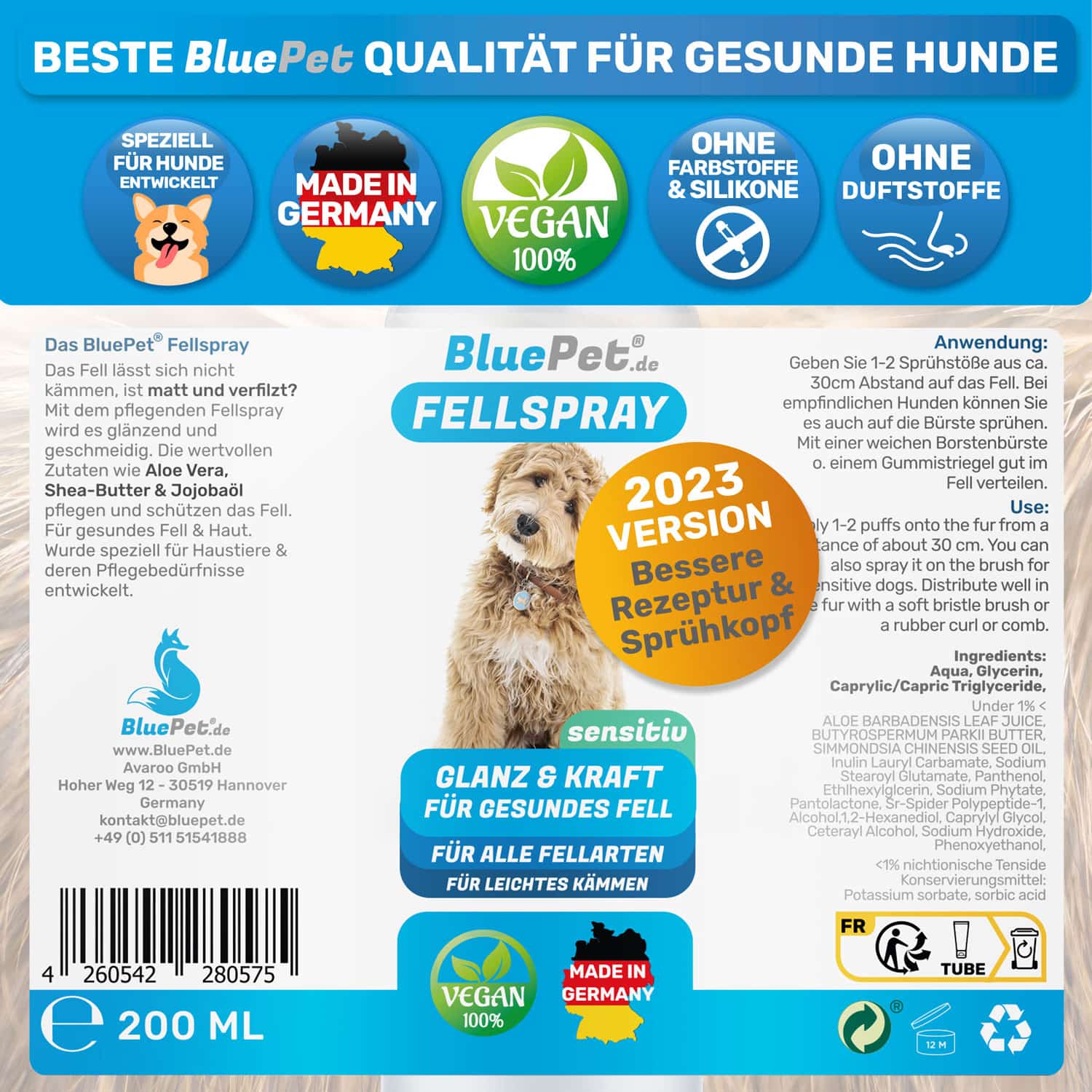 Fellspray von BluePet das pflegt und glättet das Fell für bessere Kämmbarkeit und einen gesunden Hund und Katze Hergestellt in Deutschland die Inhaltsstoffe auf einen Blick