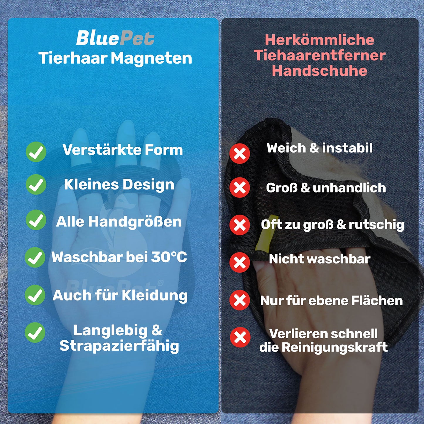 BluePet Fellhandschuh, Tierhaarentferner Handschuh, Fell Magnet gegen Katzenhaare und Hundehaare