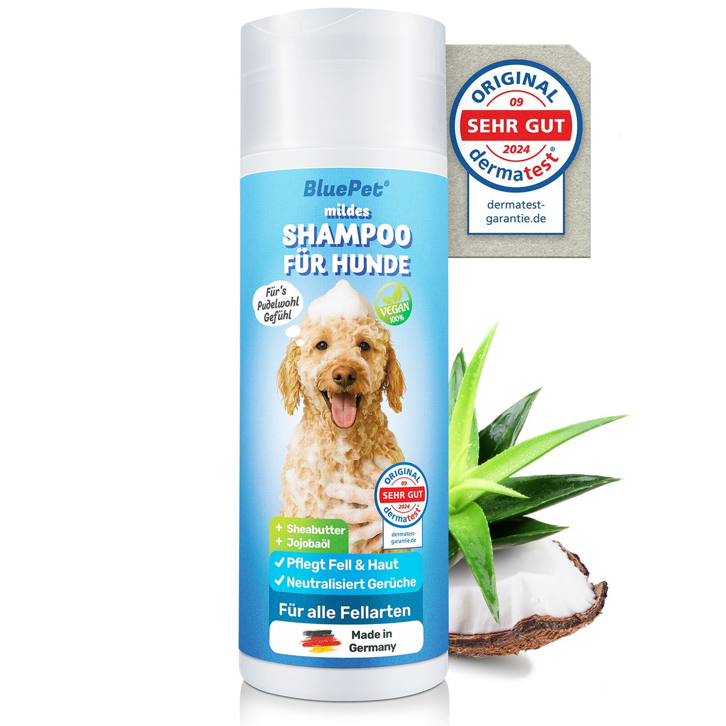 Mildes Hundeshampoo für alle Hunde, Rassen und Fellarten. Pflegt mild ohne das fell austrocknen. Entfernt Schmutz und unangenehme Gerüche. Hergestellt in Deutschland