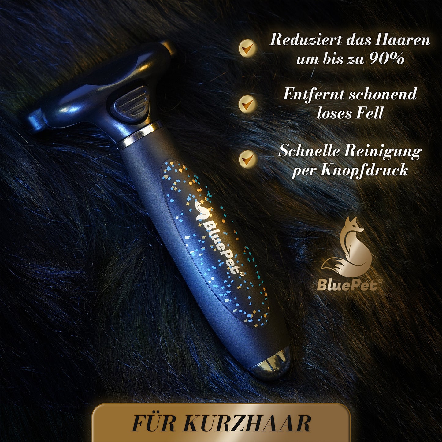 BluePet Unterwollbürste für Kurzhaar Unterwollglück Limited Edition in schwarz Deshedder für Hunde und Katzen Vorteile - reduziert das Haaren, entfernt schonend loses Fell, schnelle Reinigung