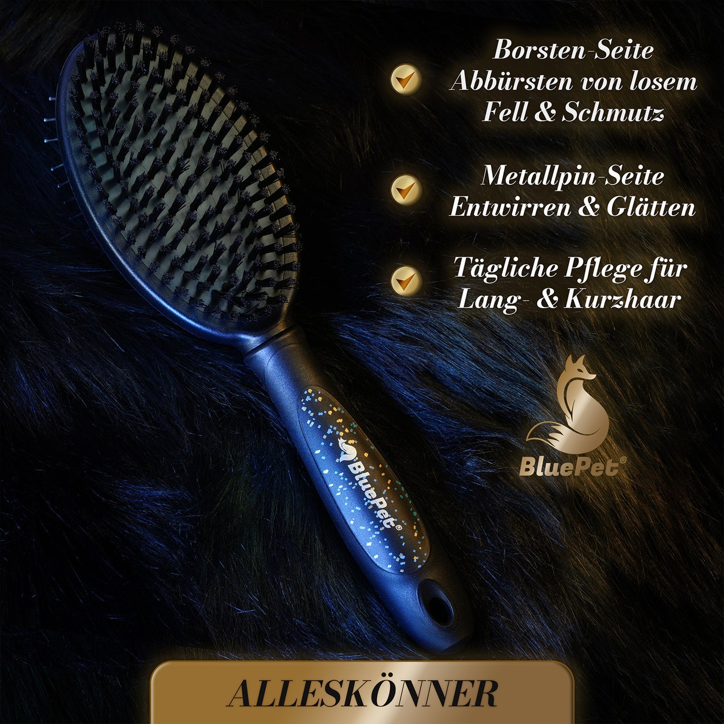 Doppelseitige 2-in-1 Fellbürste schwarz Doppelbürste als Hundebürste und Katzenbürste für Hunde und Katzen mit Borsten und Pins entfernt sie Schmutz und Verknotungen aus dem Fell Limited Edition Vorteile