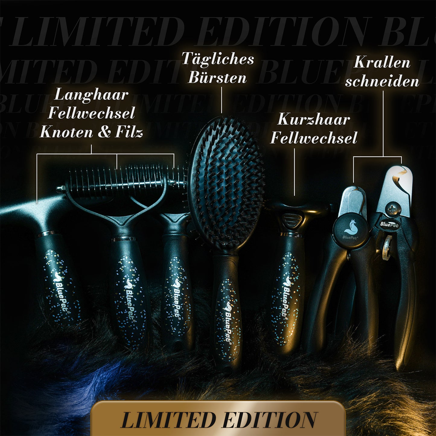 BluePet Limited Edition Schwarz Sonderkollektion Fellpflege Hundebürsten Katzenbürsten und Krallenscheren