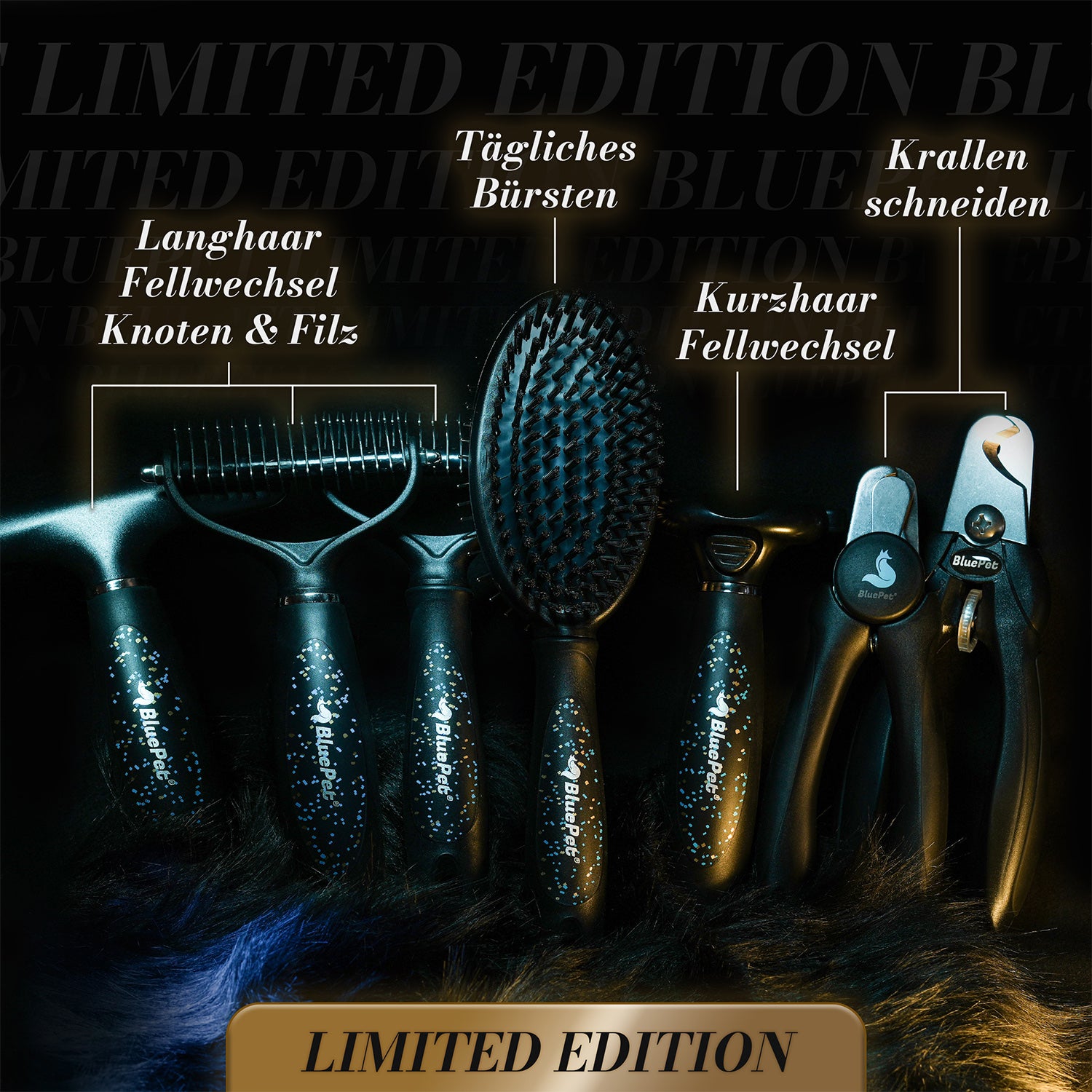 BluePet Limited Edition Schwarz Sonderkollektion Fellpflege Hundebürsten Katzenbürsten und Krallenscheren