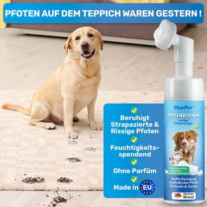 BluePet Pfotenschaum Pfotenreiniger Vorteile - beruhigt strapazierte Pfoten, feuchtigkeitsspendend, ohne Parfum, Pfotenreiniger aus der EU gegen Dreck auf dem Teppich 