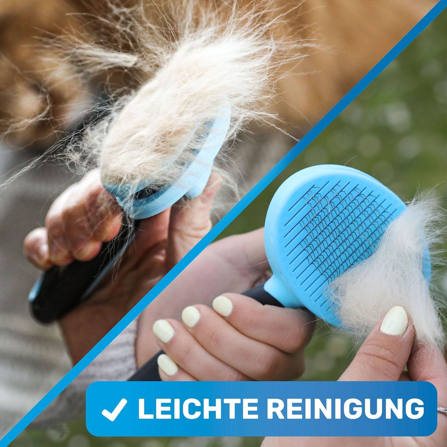 BluePet Zupfzeug selbstreinigende Zupfbürste für Hunde und Katzen - leichte Reinigung per Knopfdruck
