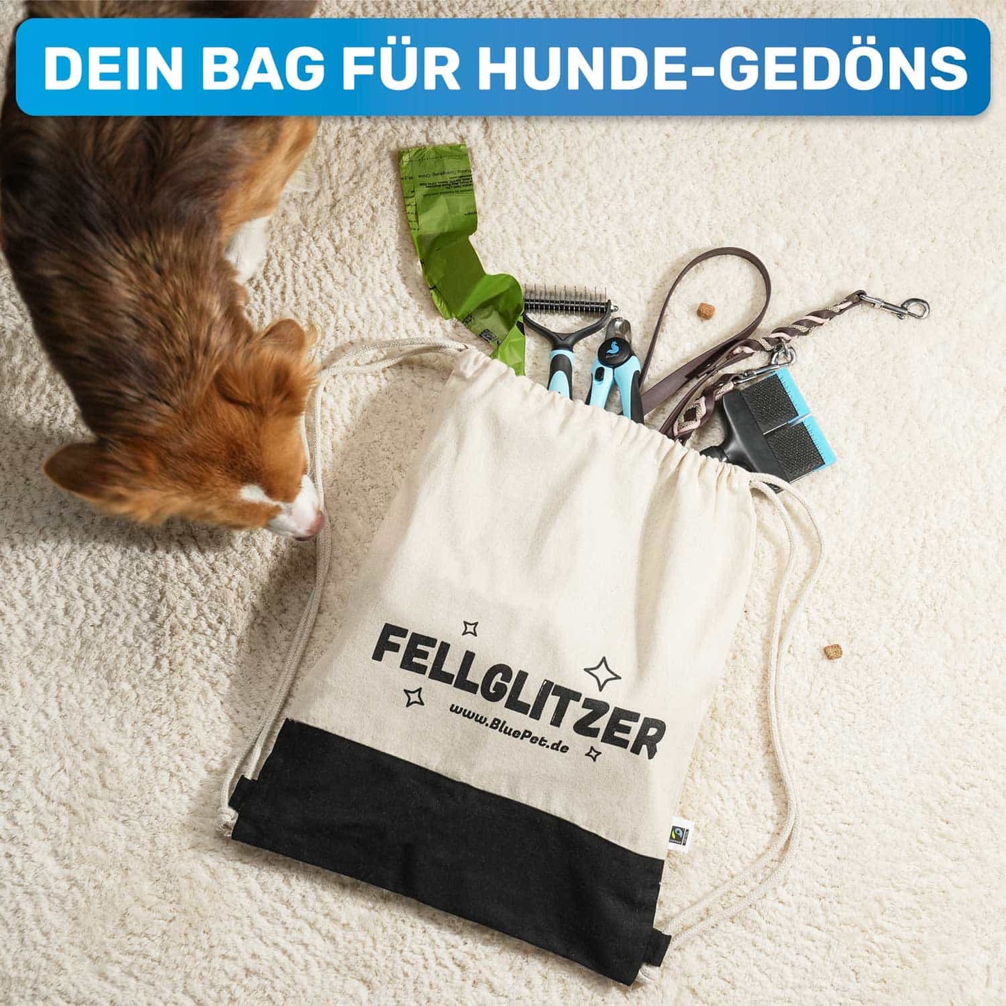 BluePet Fellglitzer  Jutebeutel Turnbeutel Bag Tasche für Hudne Hundezubehöhr Trainingstasche Snackbeutel mit Hundebürste Hundeleine und Kotbeutel 