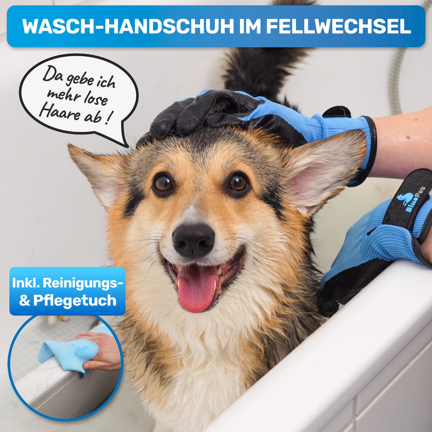 Fellhandschuh in der Anwendung als Waschhandschuh für Hunde im Fellwechsel
