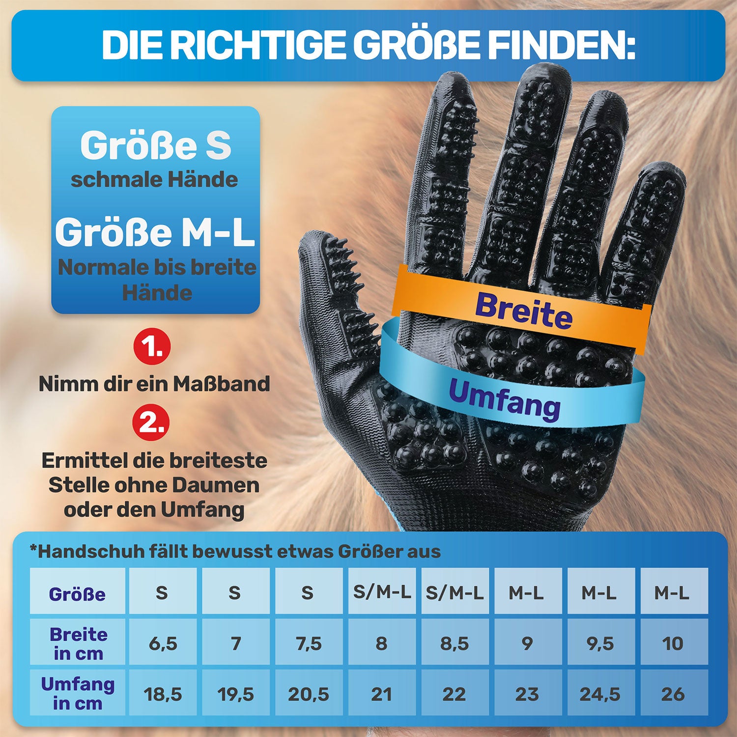 BluePet Fellpflege Handschuh Größentabelle