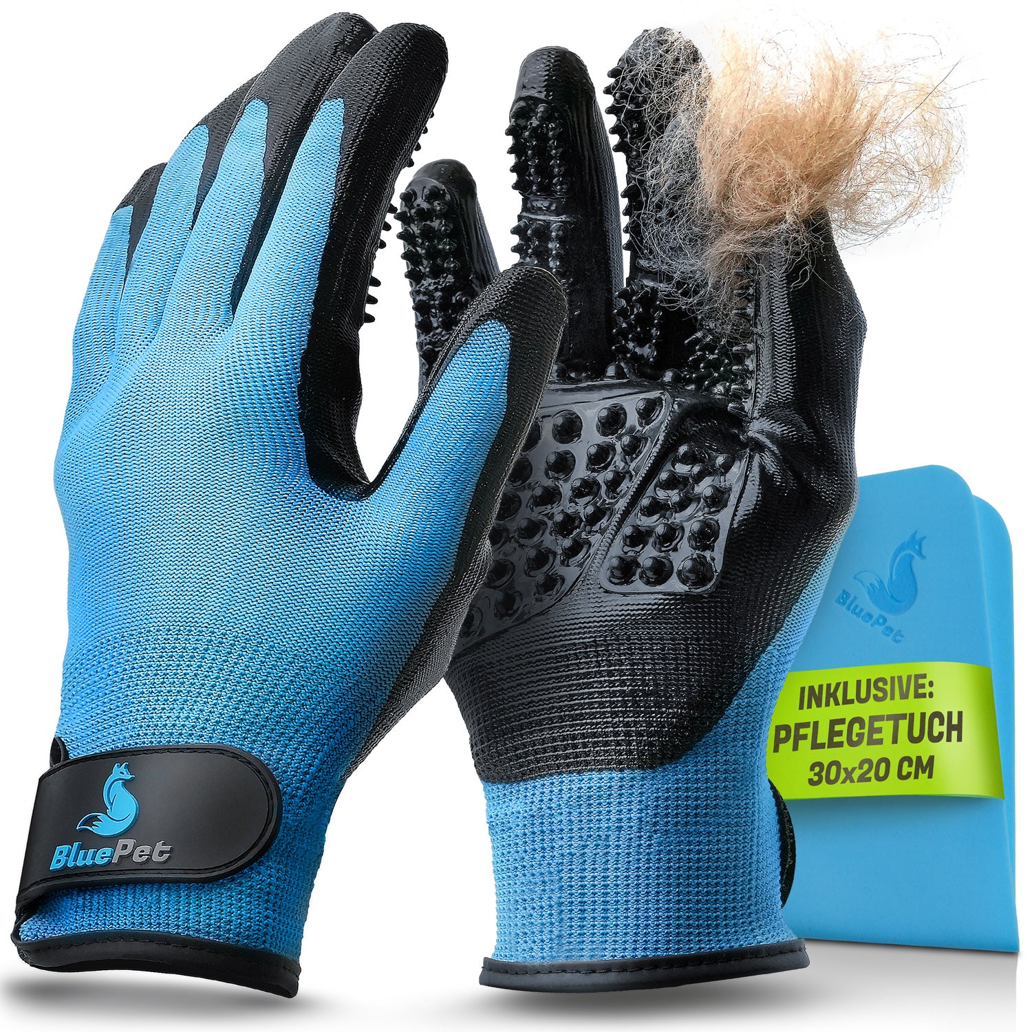 BluePet Fellhandschuh Fellpflege Handschuh für Hunde, Katzen und Pferde (blau)