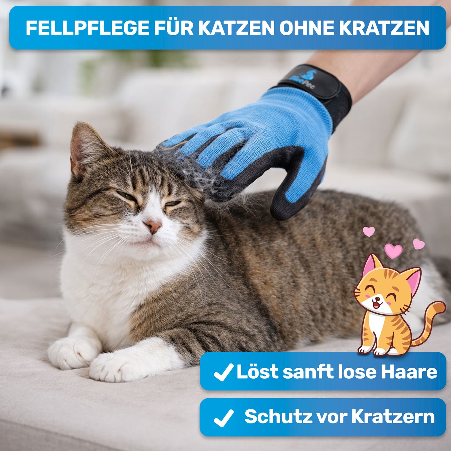 Fellhandschuh für Katzen. BluePet Fellpflege-Handschuh als alternative zu Katzenbürste und Katzenkamm