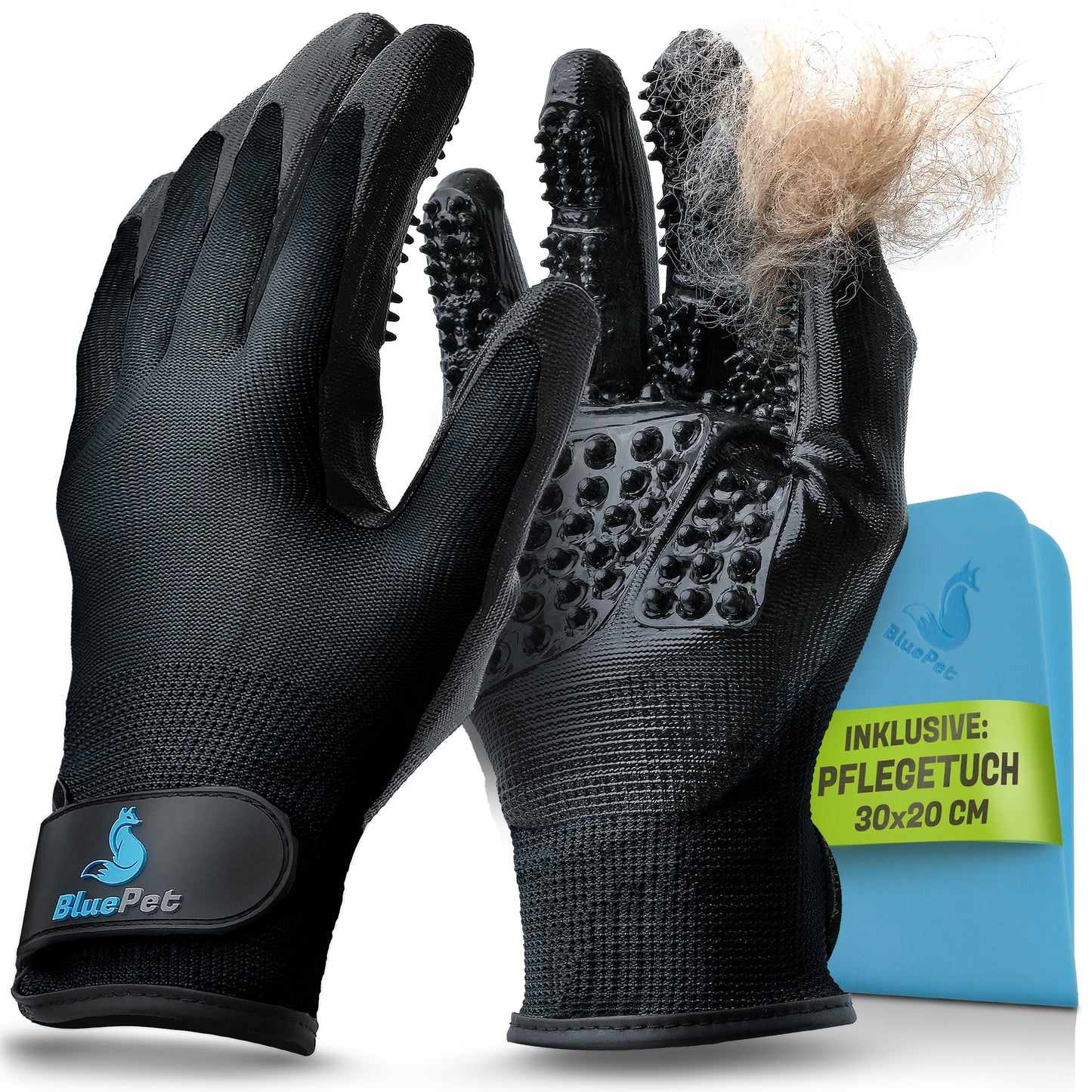 BluePet Fellhandschuh Fellpflege Handschuh für Hunde, Katzen und Pferde (schwarz)