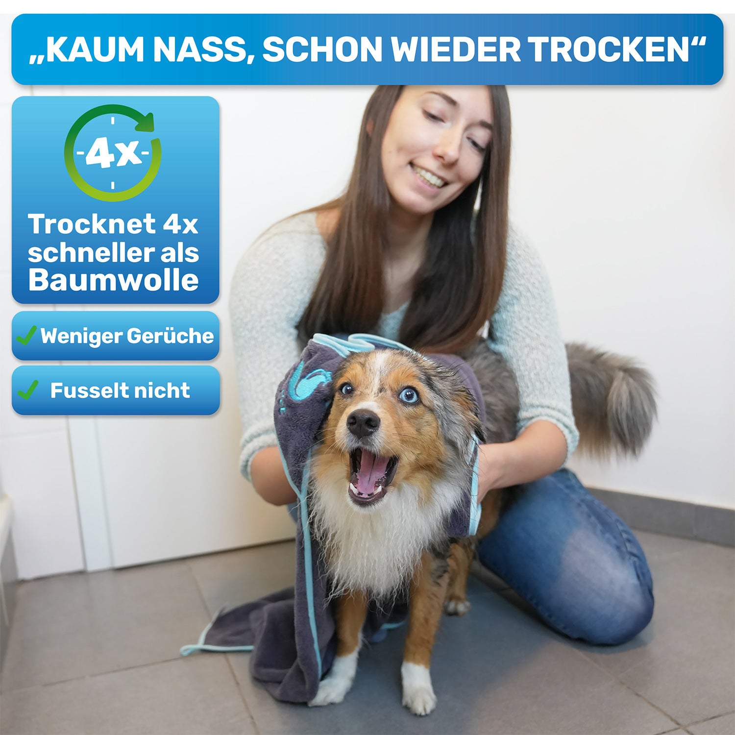 BluePet Hundehandtuch trocknet schnell und fusselt nicht