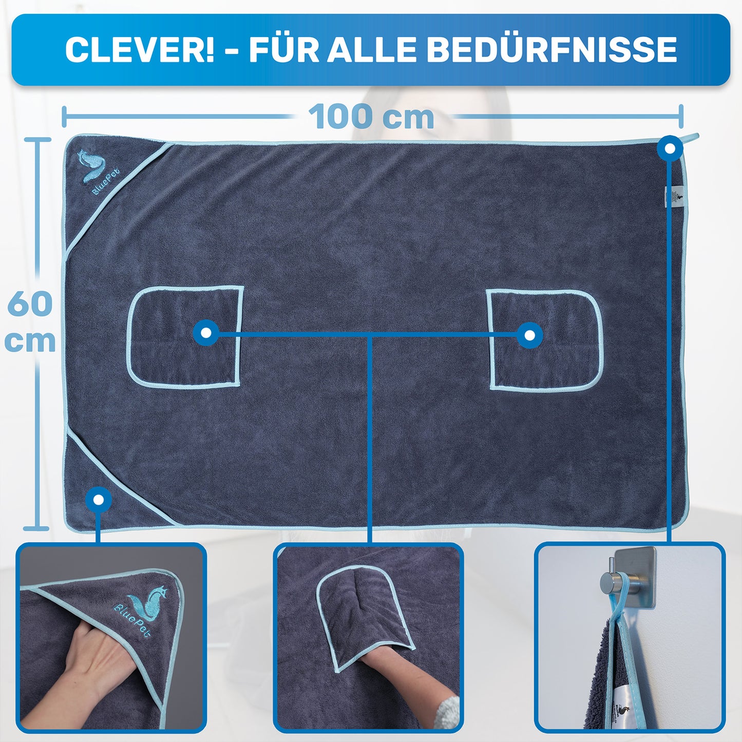 BluePet Hundehandtuch mit praktischen Taschen für die Hände