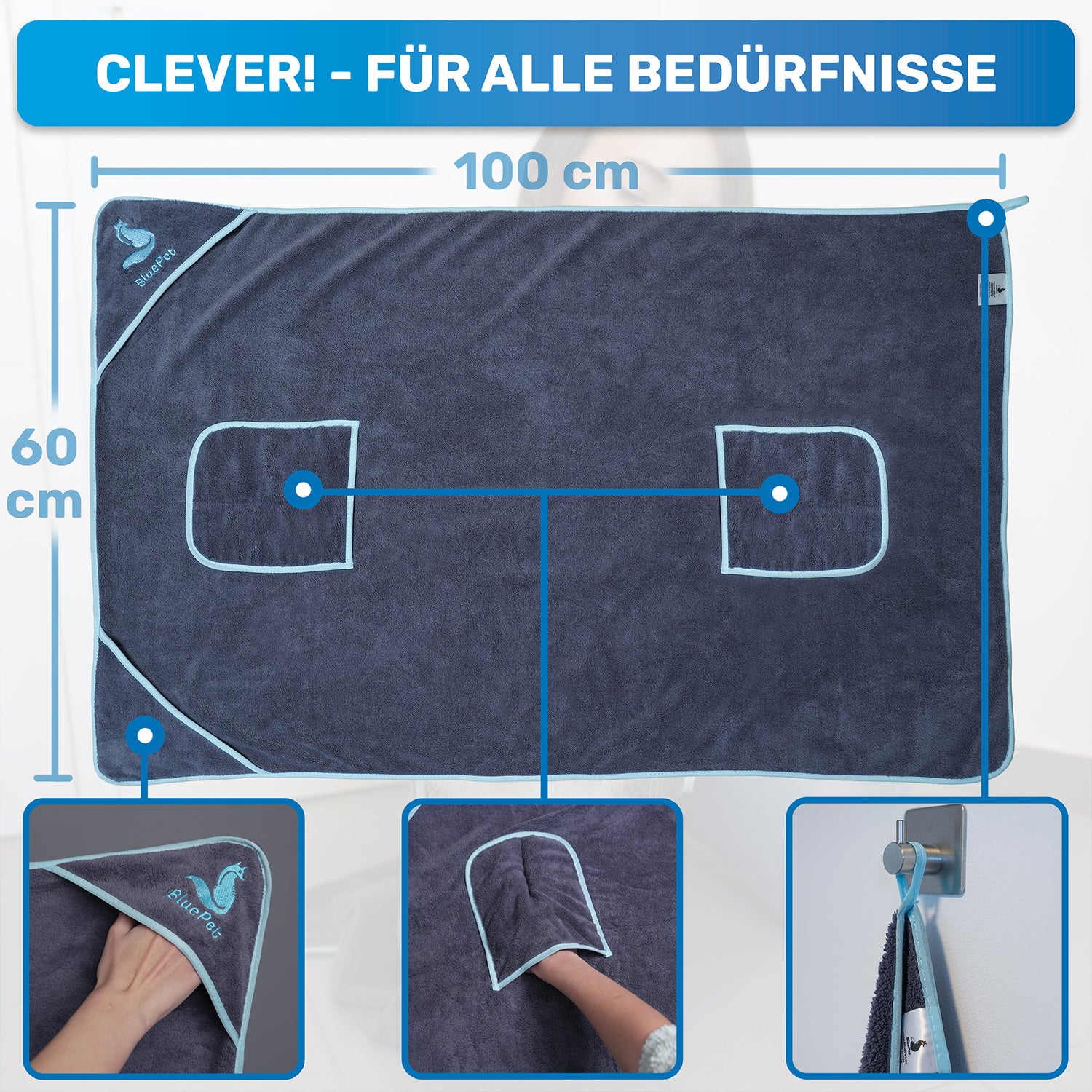 BluePet Hundehandtuch mit praktischen Taschen für die Hände