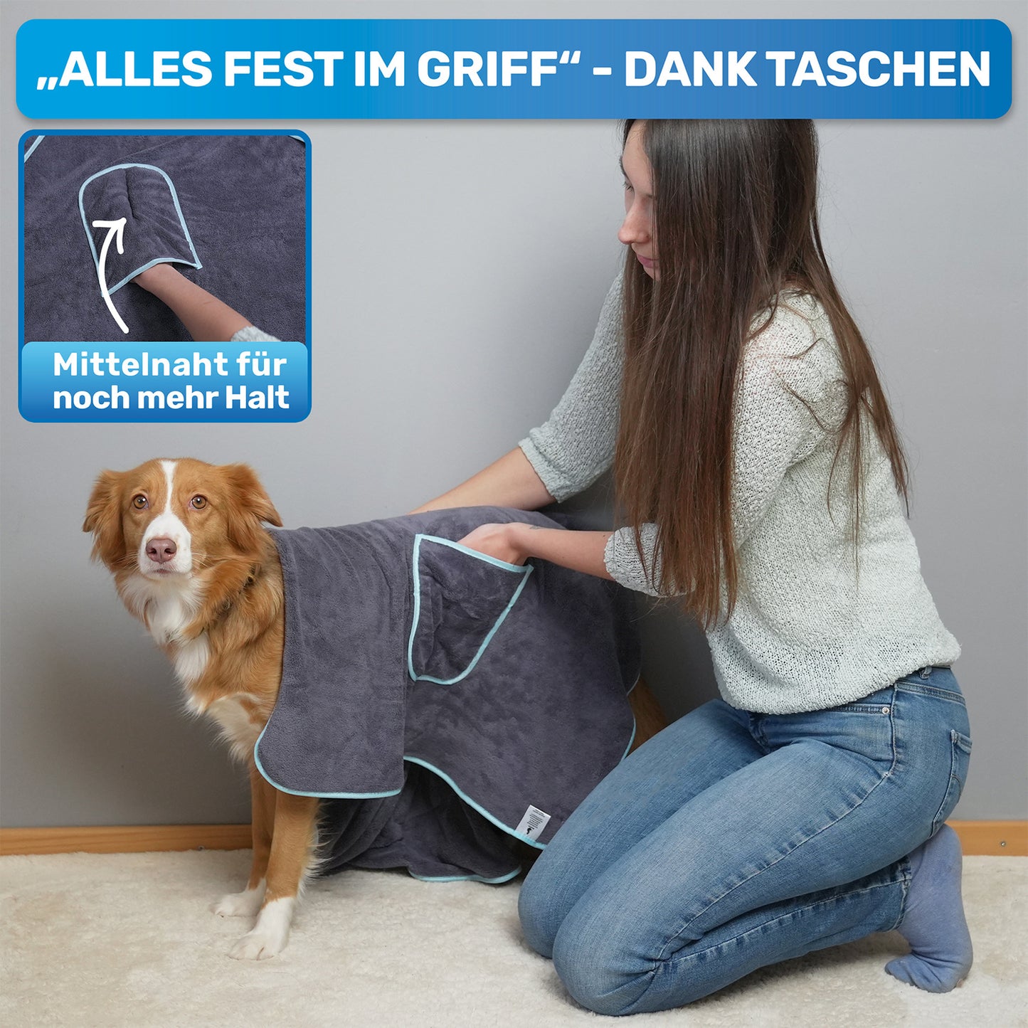 BluePet Hundehandtuch Mikrofaser Handtuch mit neuen Grifftaschen