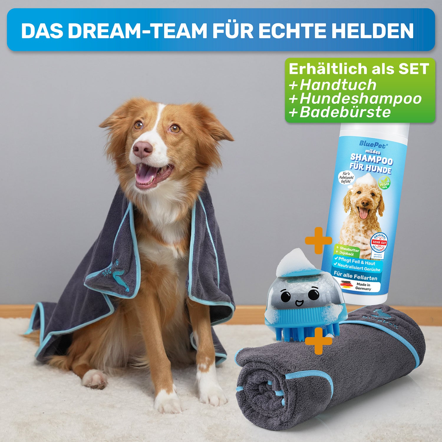 BluePet Hundehandtuch Mikrofaser Handtuch für Hunde auch im Set mit Hundeshampoo und Badebürste