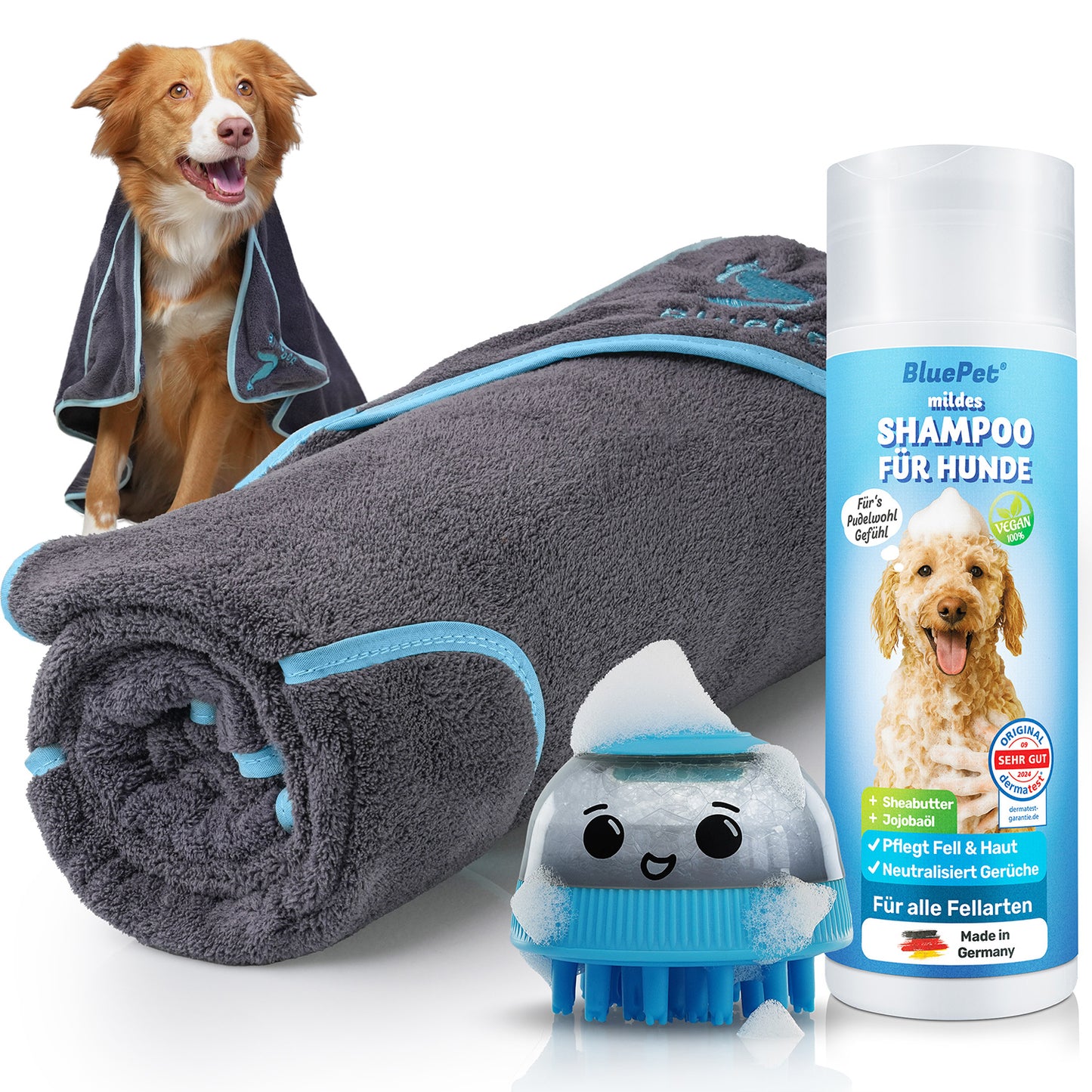 Bade-Set mit Hundehandtuch, Shampoo & Badebürste